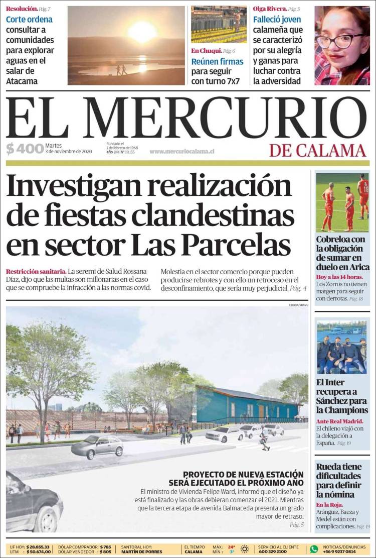 Portada de El Mercurio - Calama (Chile)