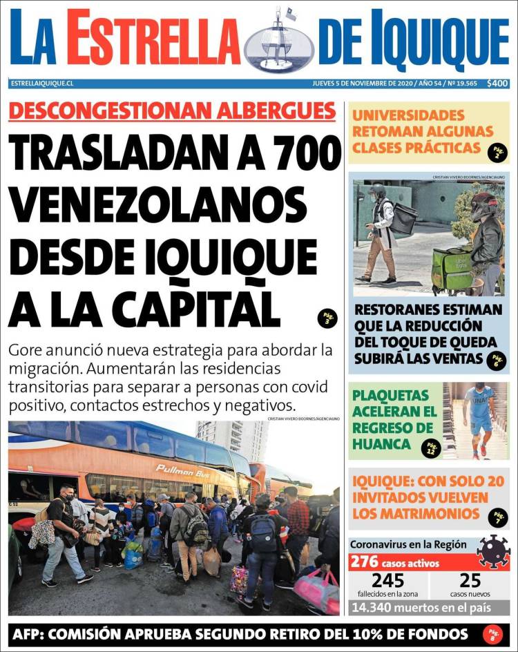 Portada de La Estrella de Iquique (Chile)