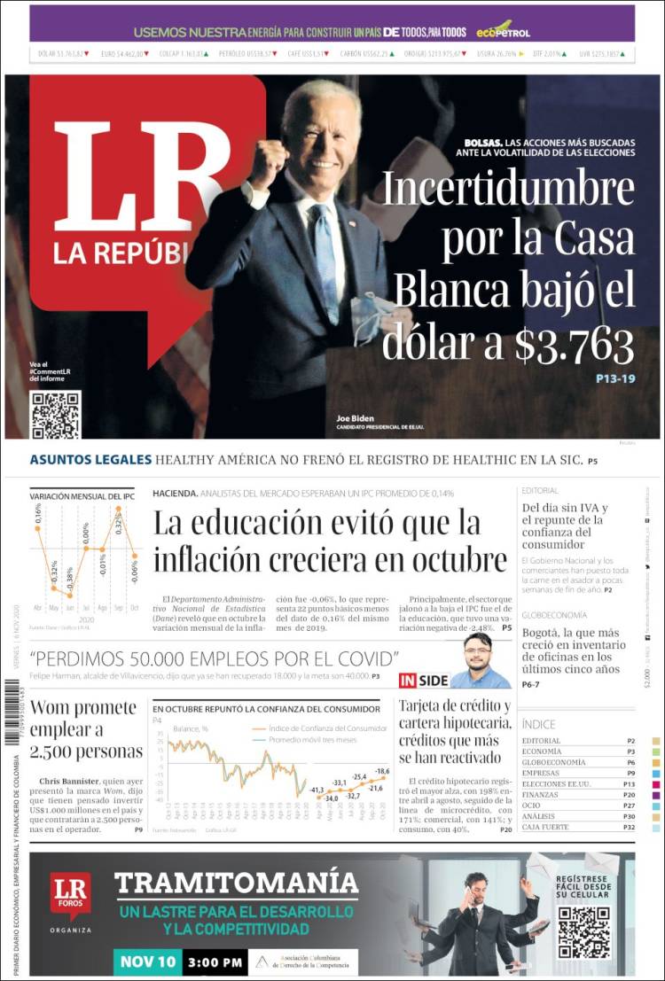 Portada de La Republica (Colombia)