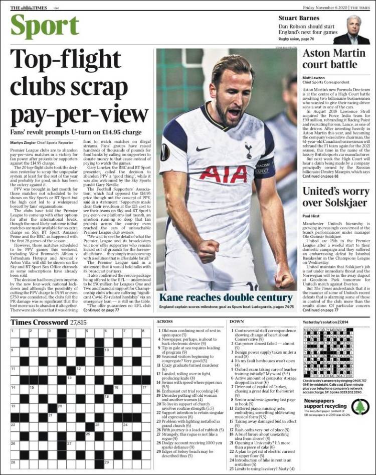 Portada de The Times Sport (Reino Unido)