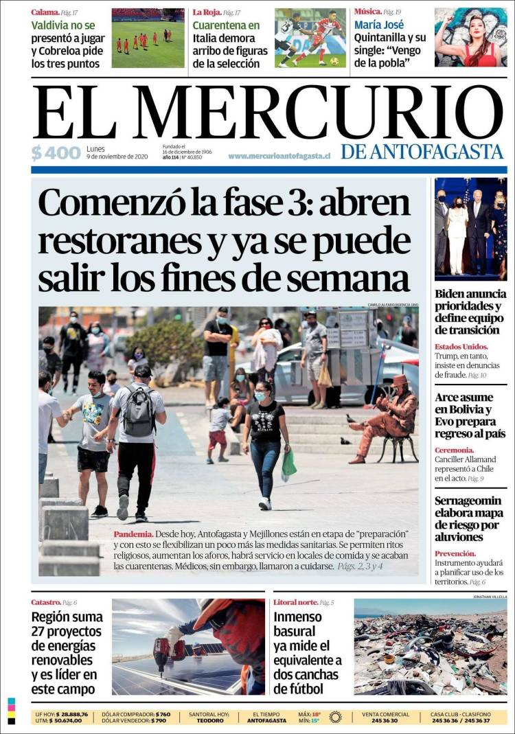 Portada de El Mercurio de Antofagasta (Chile)