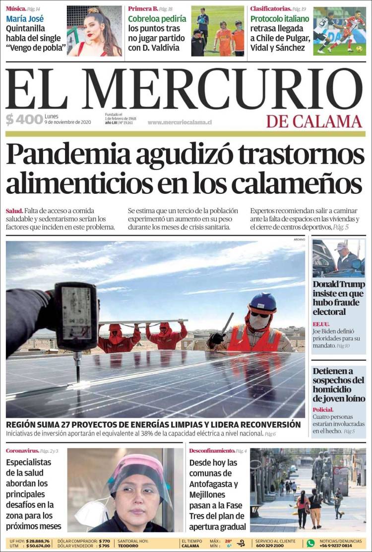 Portada de El Mercurio - Calama (Chile)