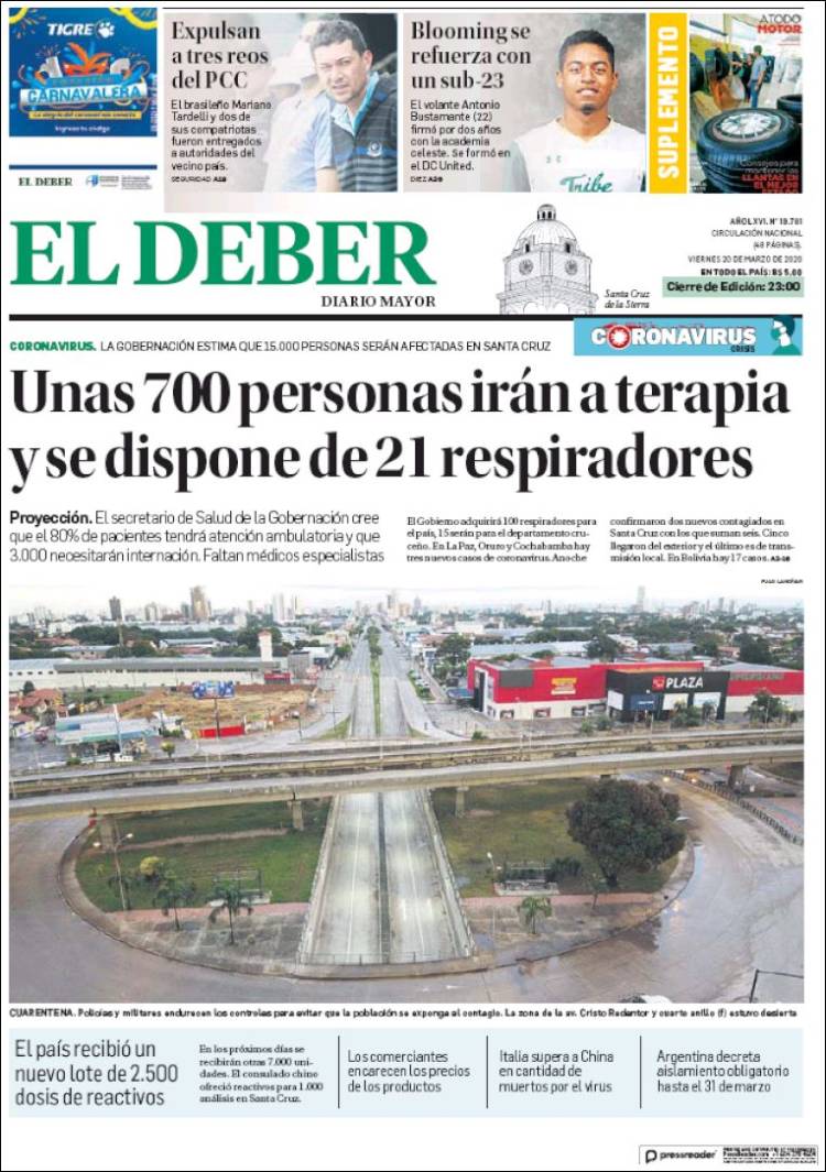 Portada de El Deber (Bolivia)