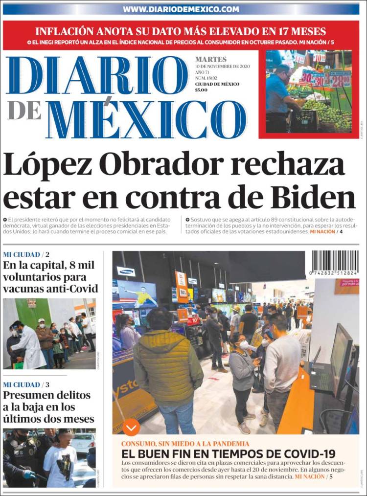 Periódico Diario de México (México). Periódicos de México. Edición de  martes, 10 de noviembre de 2020. 
