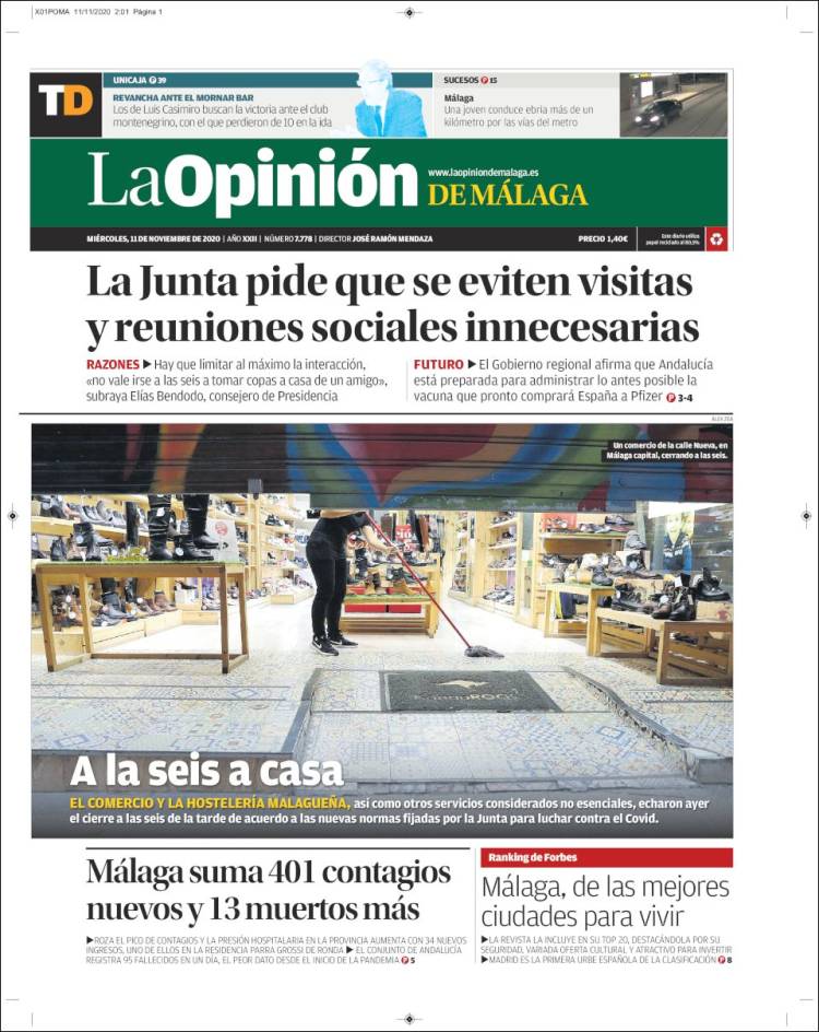 Portada de La Opinión de Málaga (España)