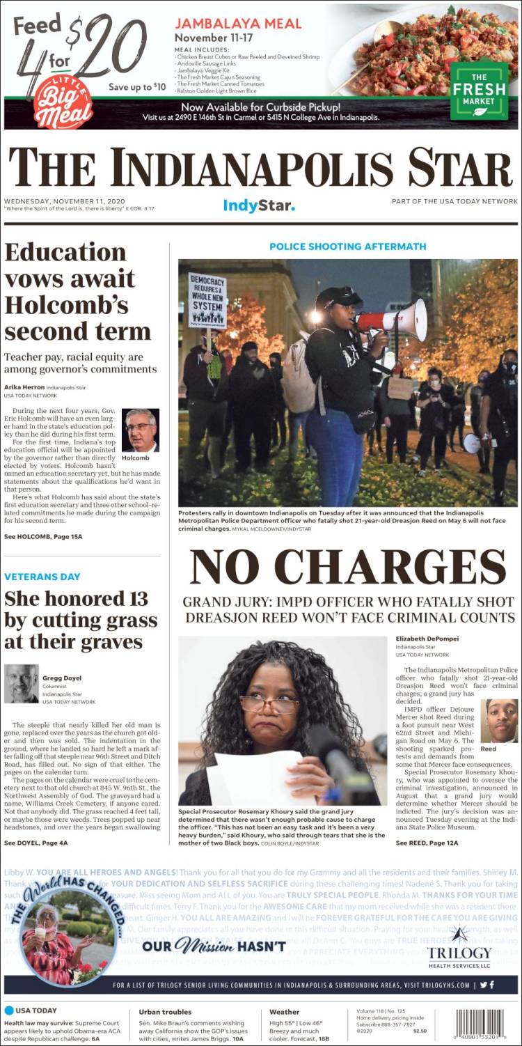 Portada de The Indianapolis Star (USA)