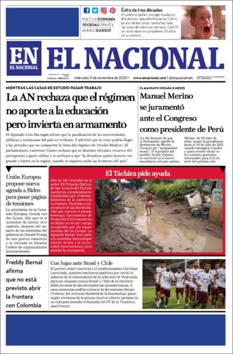 Portada de El Nacional (Venezuela)