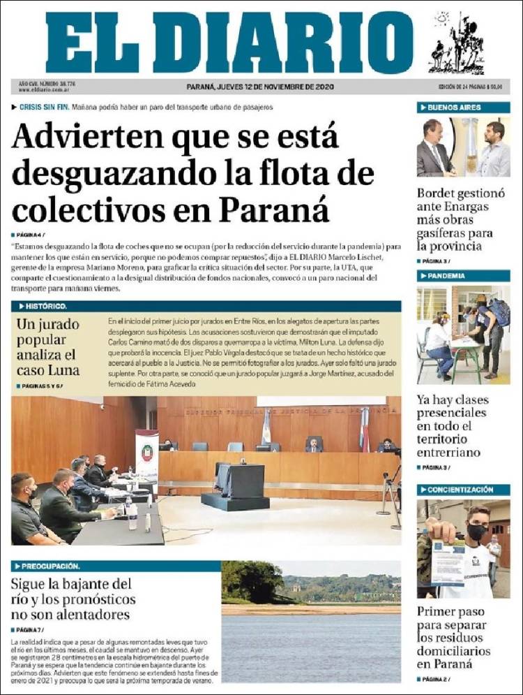 Portada de El Diario de Paraná (Argentina)