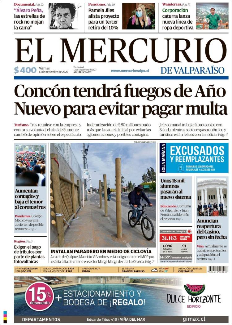 Portada de Mercurio de Valparaiso (Chile)