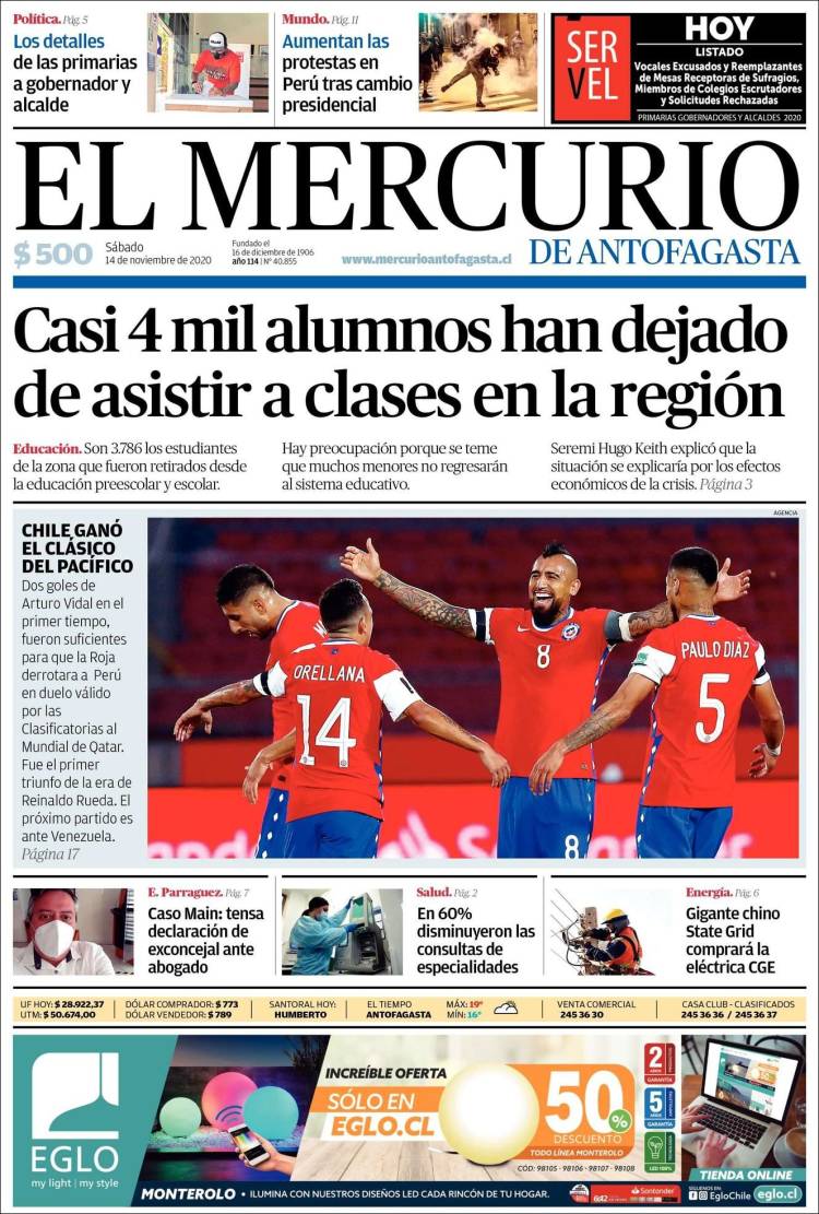 Portada de El Mercurio de Antofagasta (Chile)