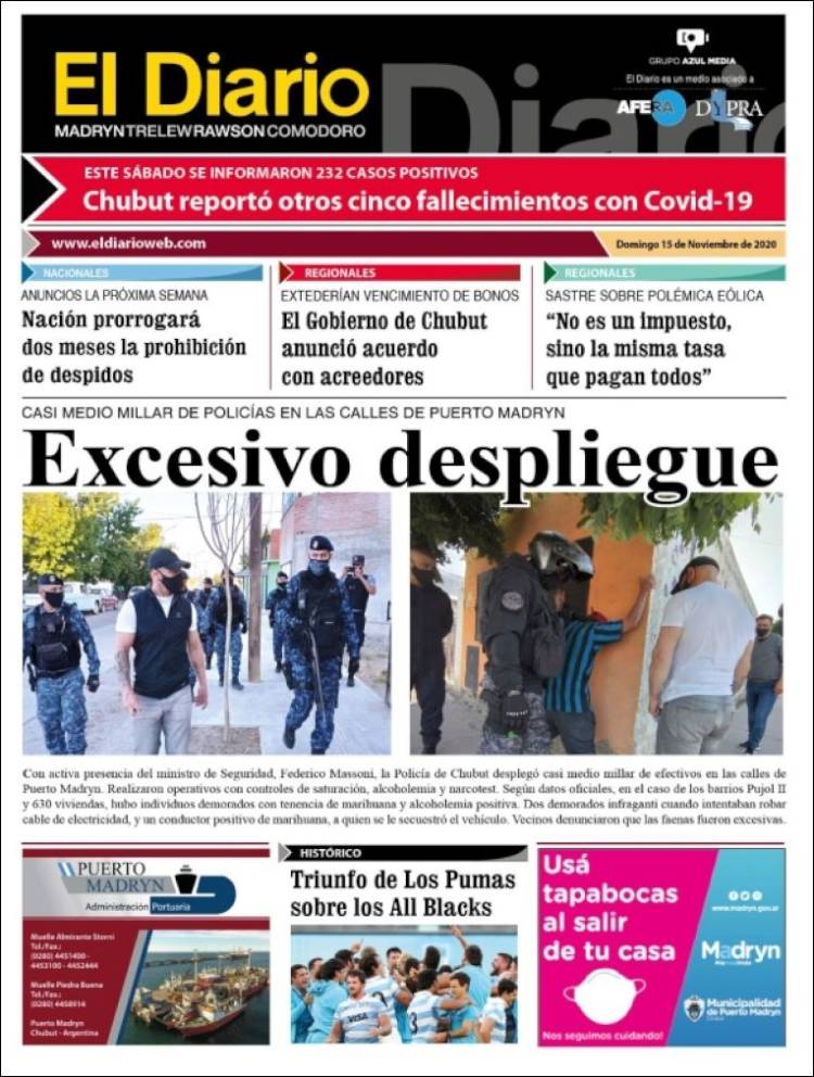 Portada de El Diario de Madryn (Argentina)