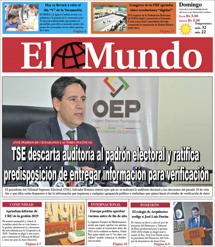 Portada de El Mundo (Bolivia)