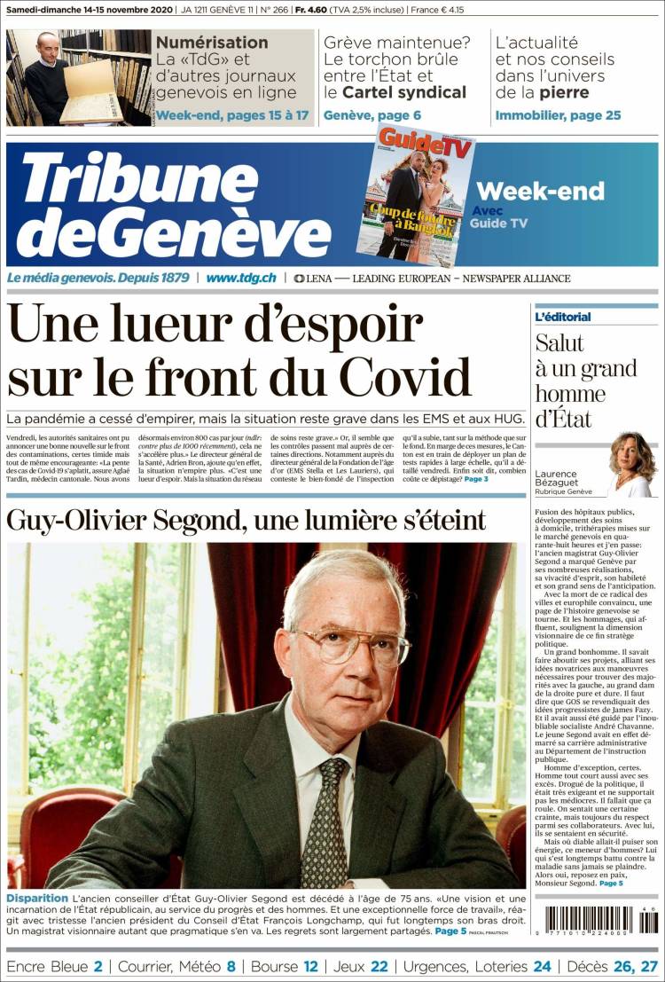 Portada de La Tribune de Genève (Suiza)