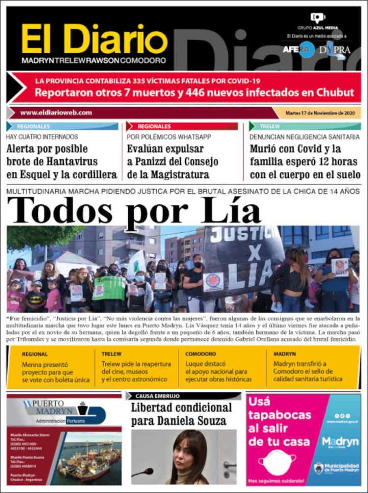 Portada de El Diario de Madryn (Argentina)