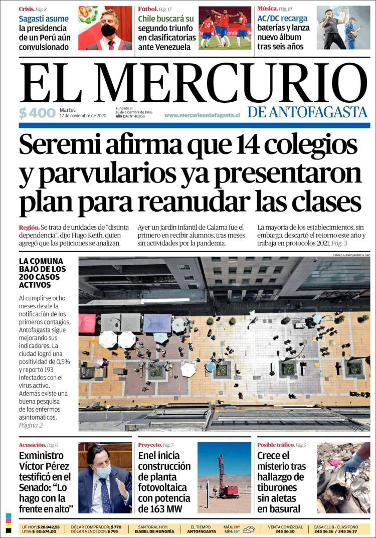 Portada de El Mercurio de Antofagasta (Chile)