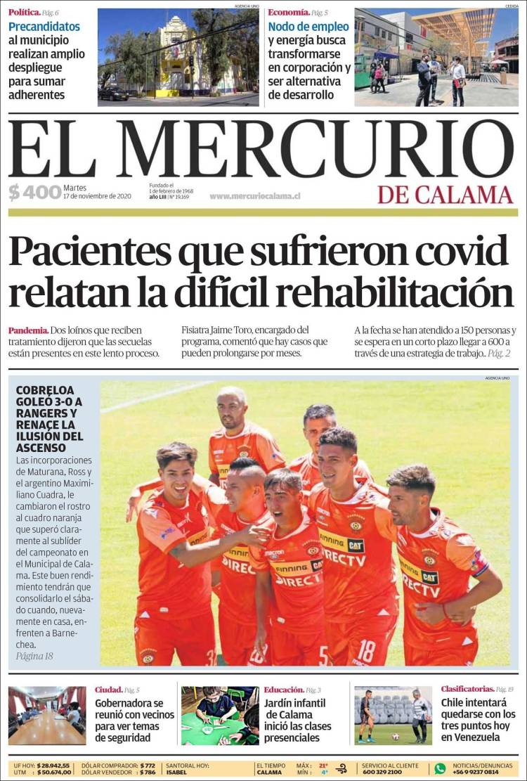 Portada de El Mercurio - Calama (Chile)