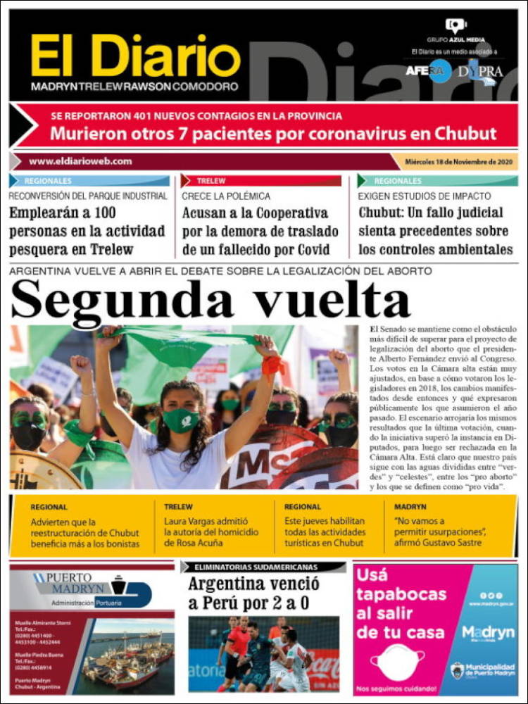 Portada de El Diario de Madryn (Argentina)