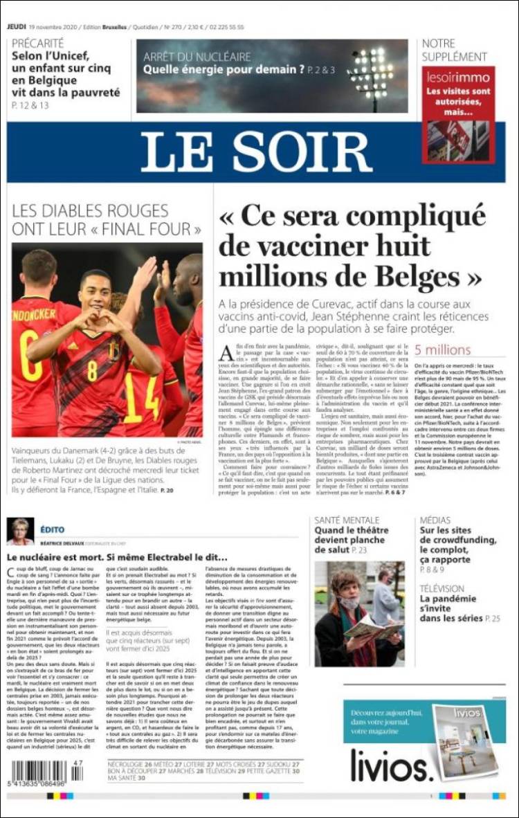 Portada de Le Soir (B&eacute;lgica)