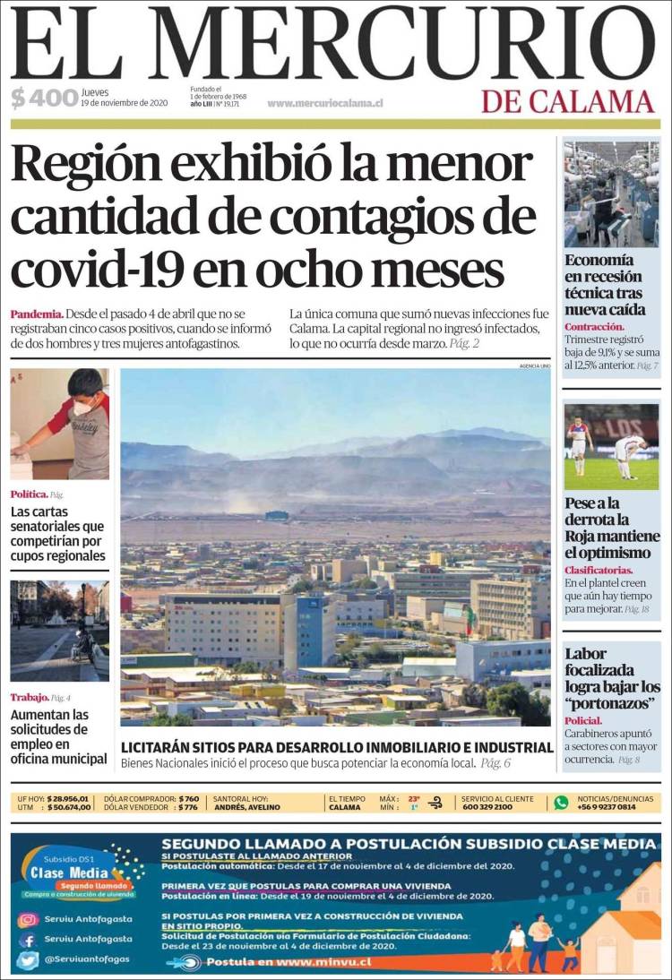Portada de El Mercurio - Calama (Chile)
