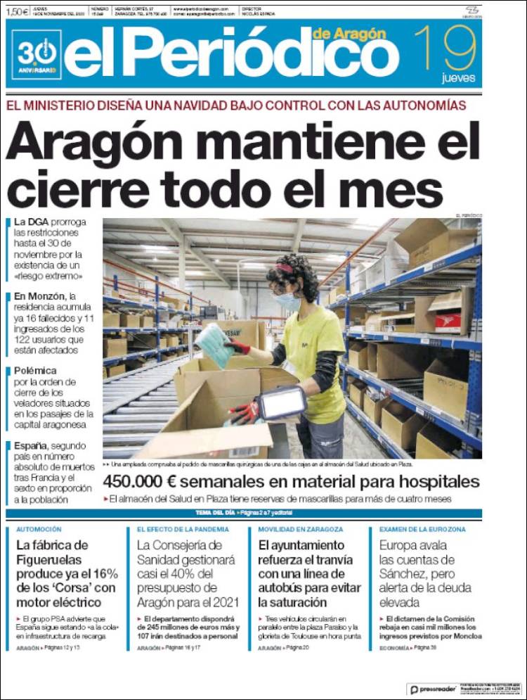 Portada de El Periódico de Aragón (España)