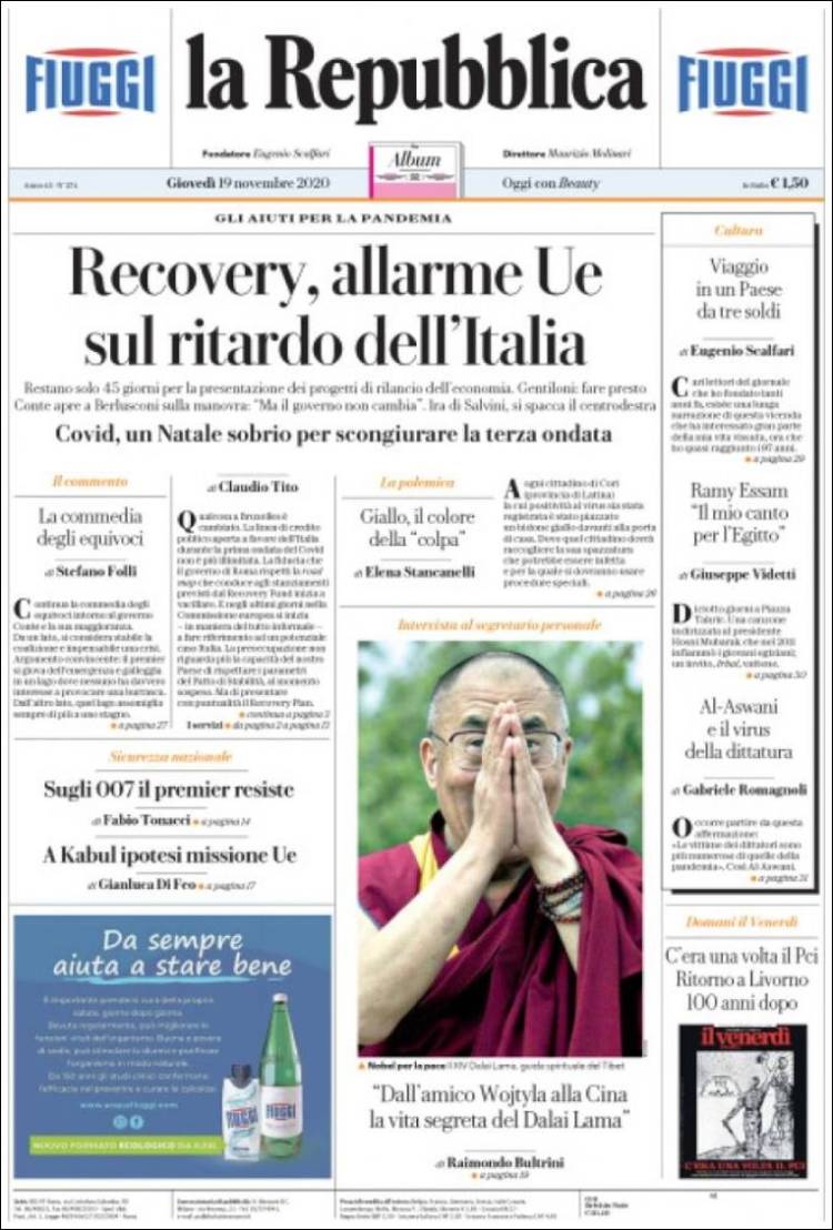 Portada de La Repubblica (Italia)