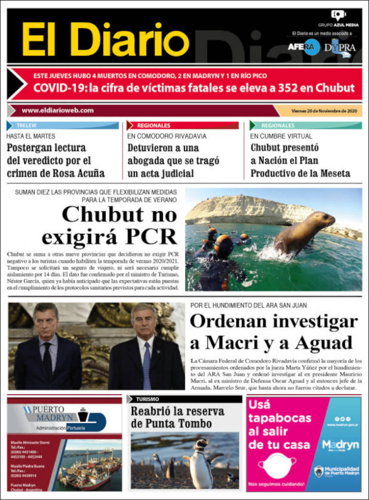 Portada de El Diario de Madryn (Argentina)