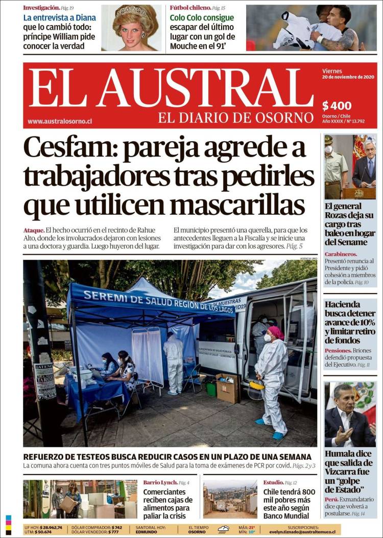 Portada de El Austral de Osorno (Chili)