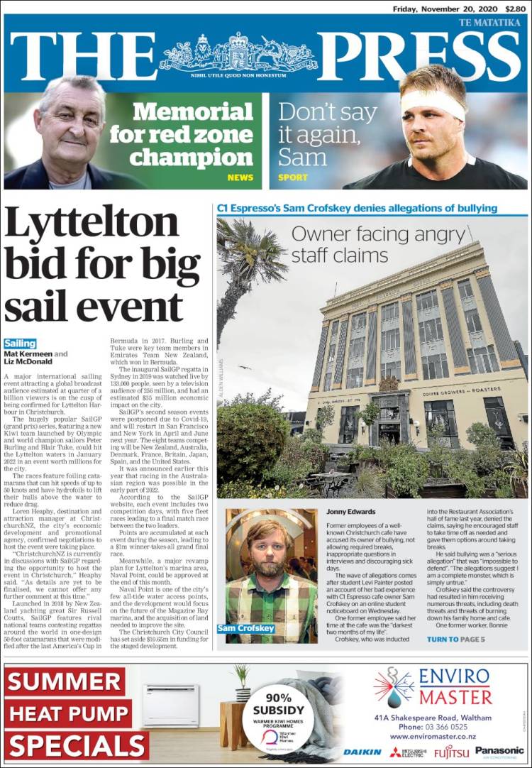 Portada de The Press (Nueva Zelanda)