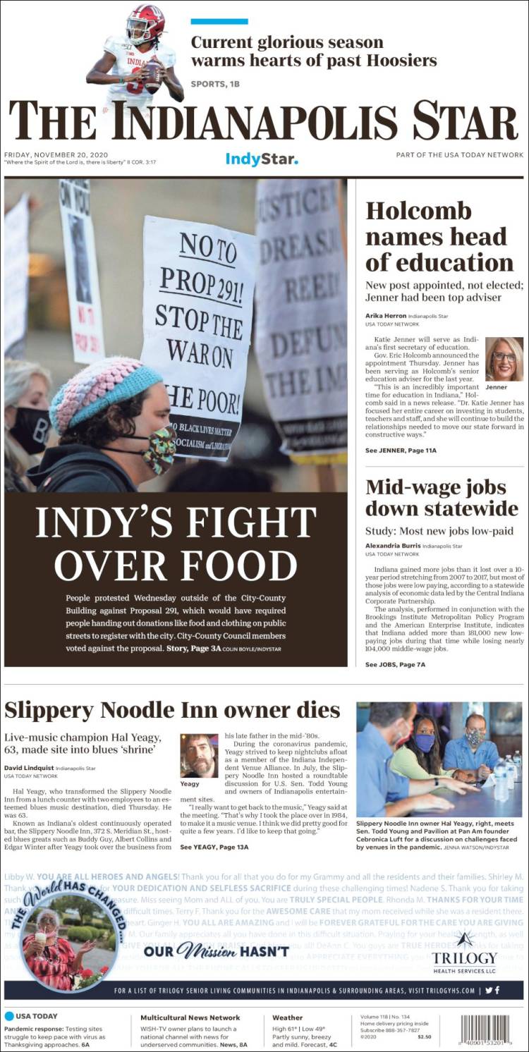 Portada de The Indianapolis Star (USA)