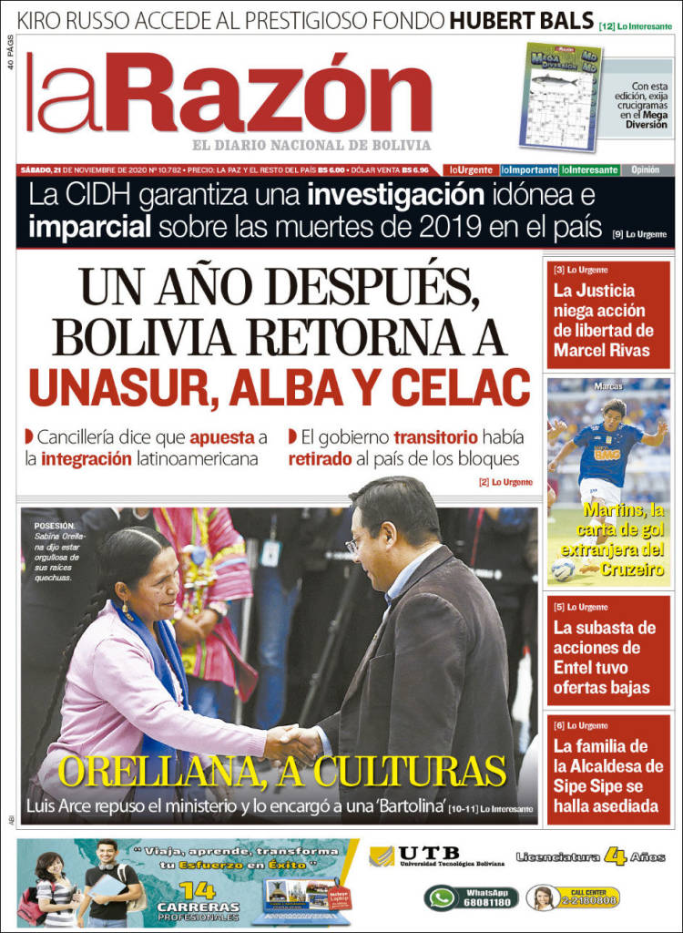 Portada de La Razón (Bolivia)