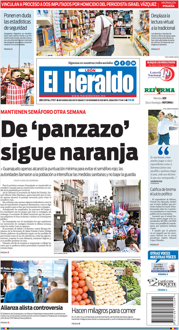Periódico El Heraldo de León (México). Periódicos de México. Edición de  sábado, 21 de noviembre de 2020. 