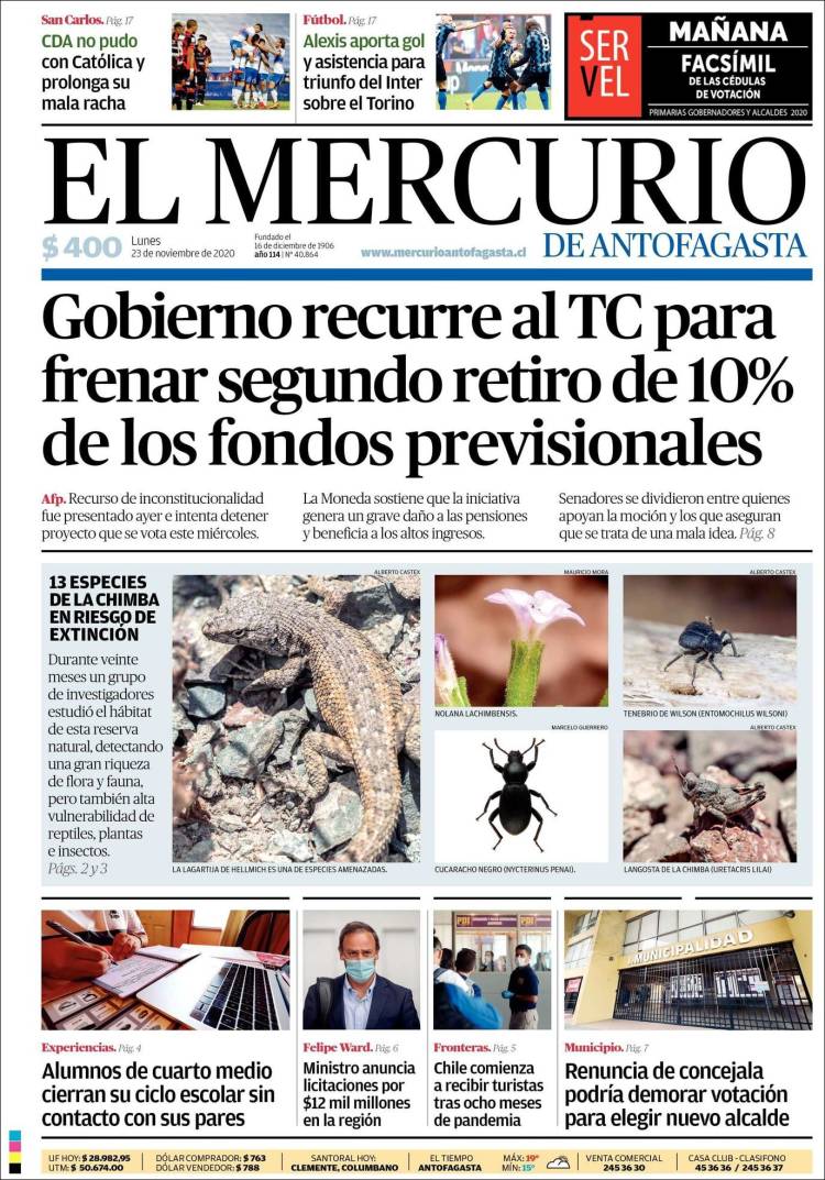 Portada de El Mercurio de Antofagasta (Chile)