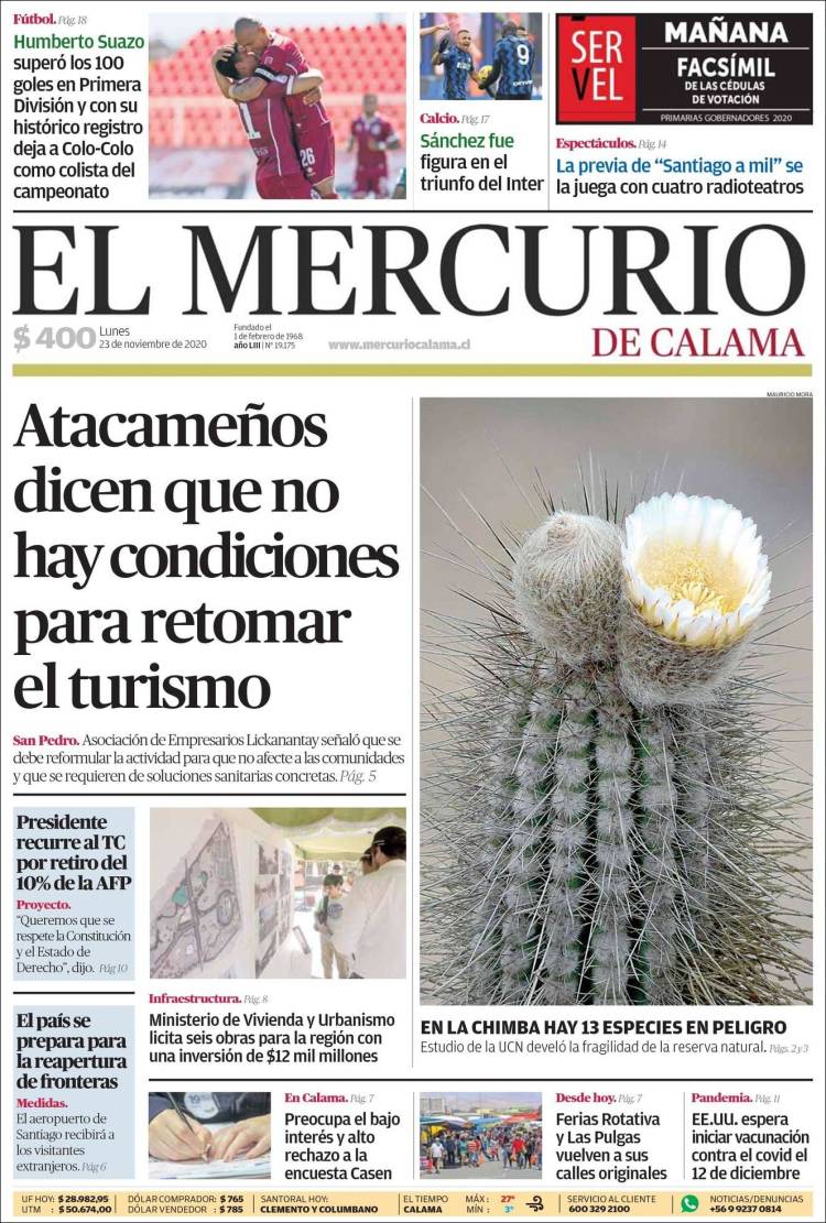 Portada de El Mercurio - Calama (Chile)