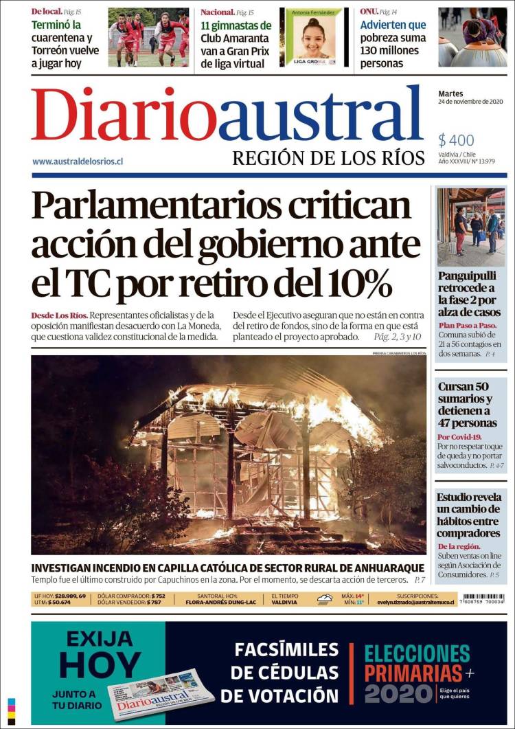 Portada de El Diario Austral de Valdivia (Chile)