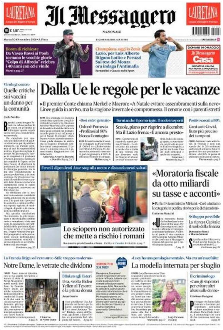 Portada de Il Messaggero (Italia)