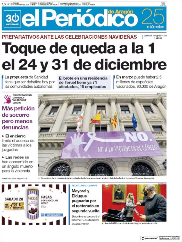 Portada de El Periódico de Aragón (España)