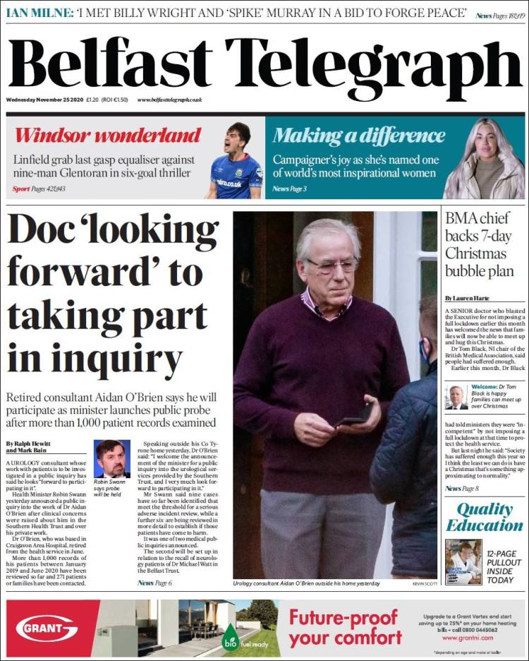 Portada de Belfast Telegraph (Reino Unido)