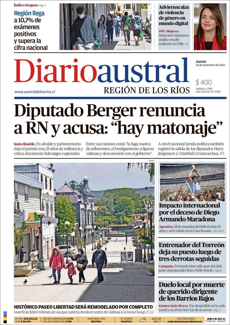 Portada de El Diario Austral de Valdivia (Chile)