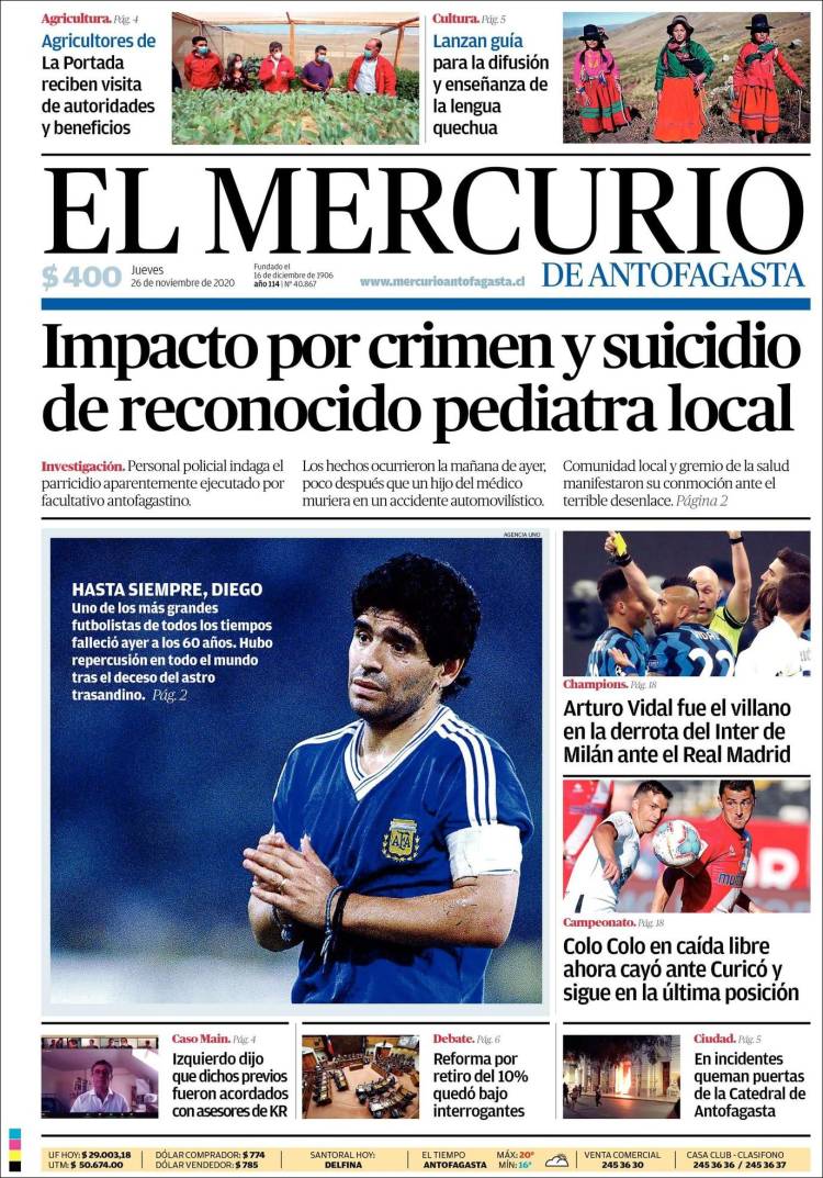 Portada de El Mercurio de Antofagasta (Chile)