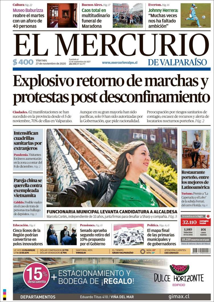 Portada de Mercurio de Valparaiso (Chile)