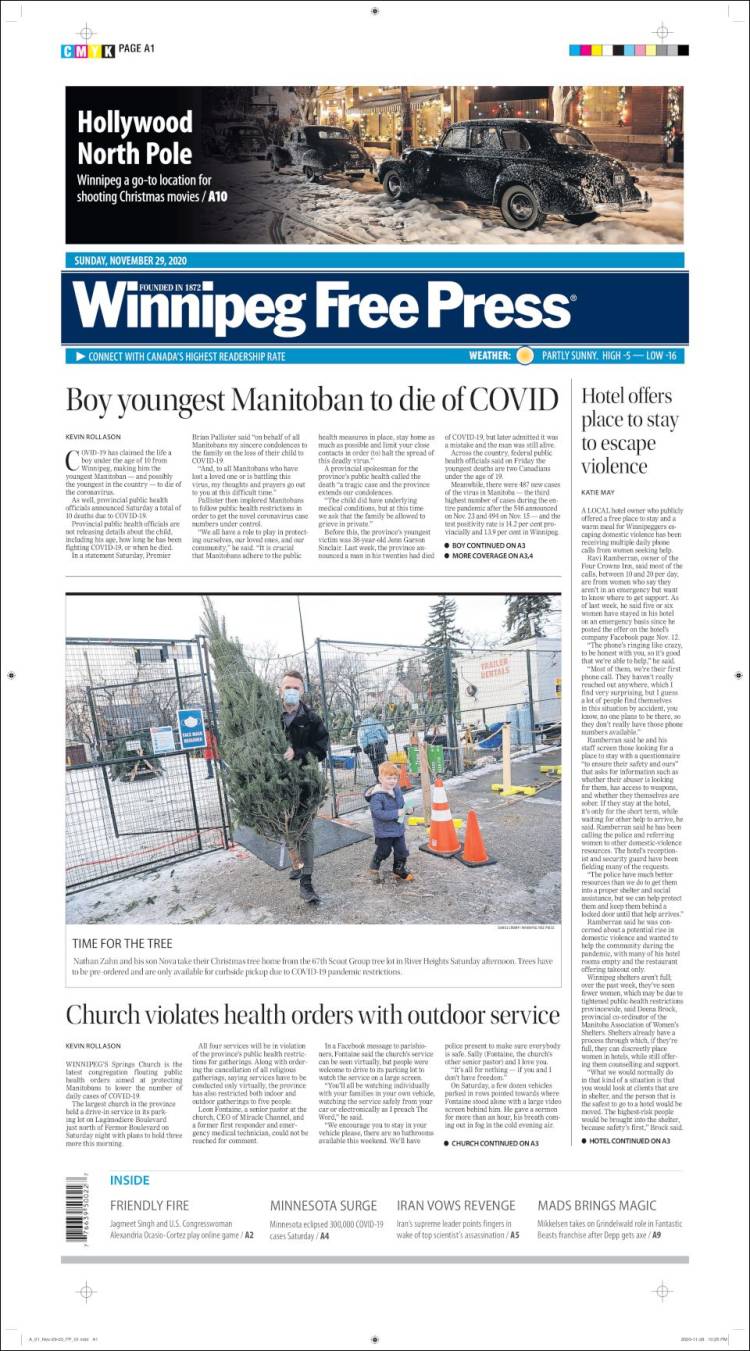 Portada de Winnipeg Free Press (Canadá)