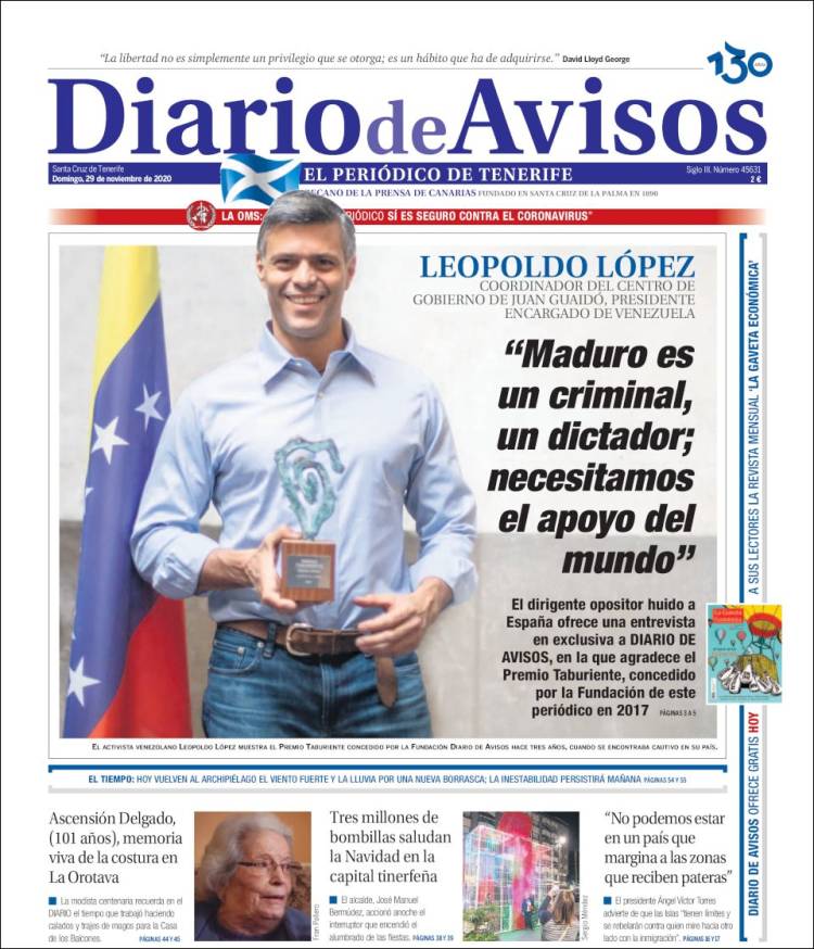 Portada de Diarios de Avisos (España)