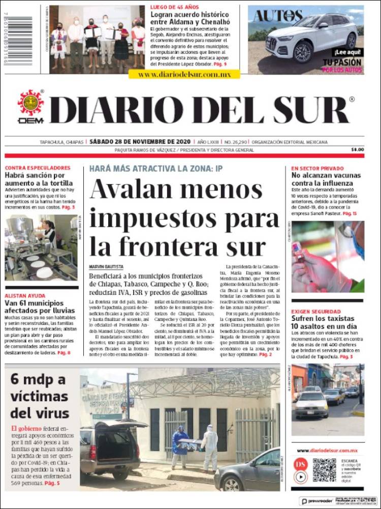 Portada de El Diario del Sur (México)