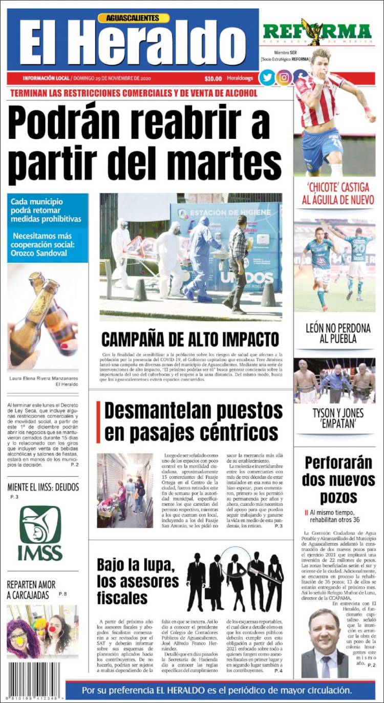 Newspaper El Heraldo de Aguascalientes (Mexico). Newspapers in Mexico.  Sunday's edition, November 29 of 2020. Kiosko.net