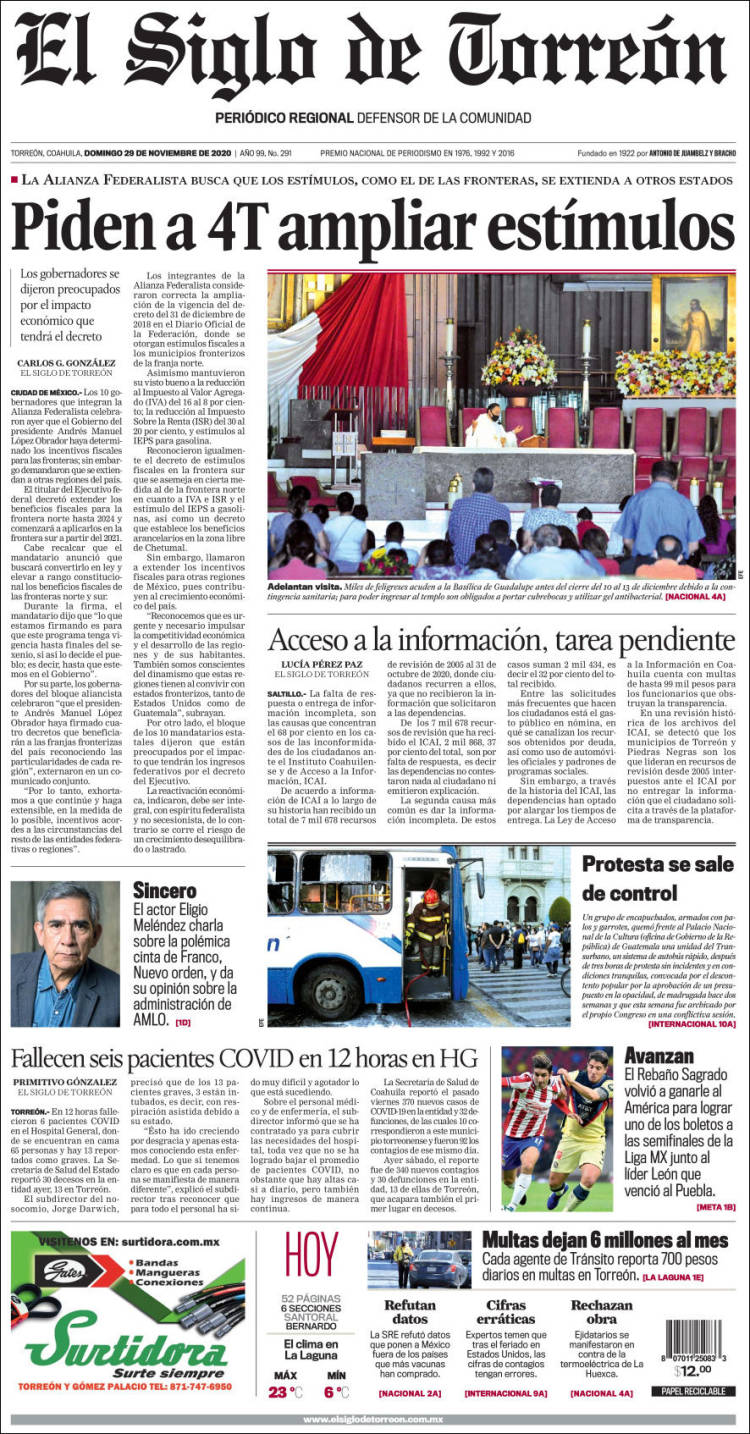 Portada de El Siglo de Torreon (México)