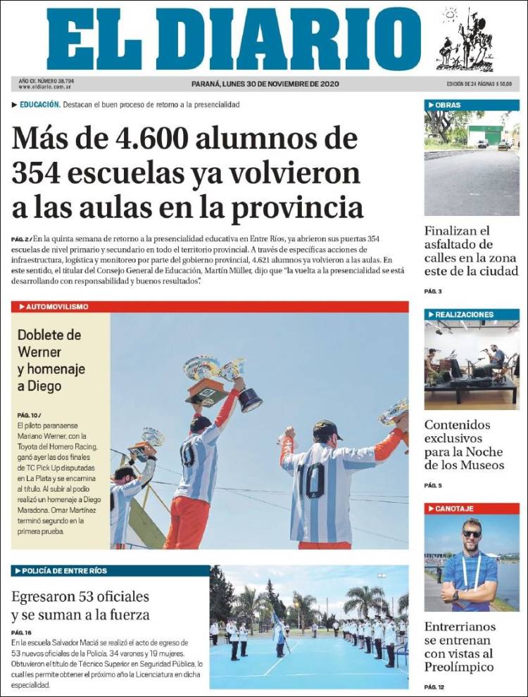 Portada de El Diario de Paraná (Argentina)