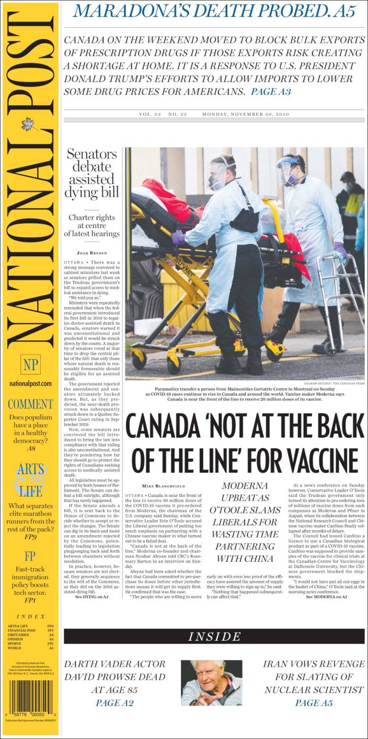 Portada de The National Post (Canada)