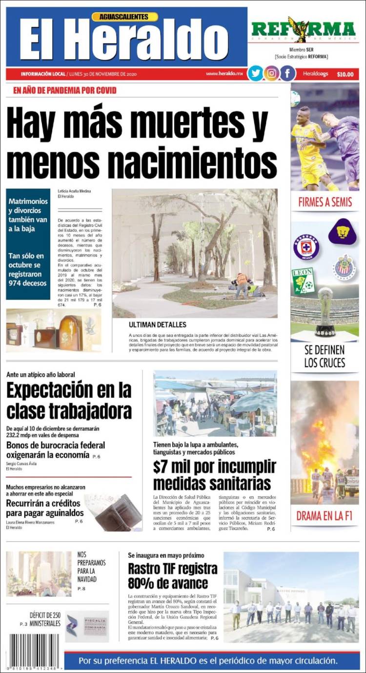 Portada de El Heraldo de Aguascalientes (México)