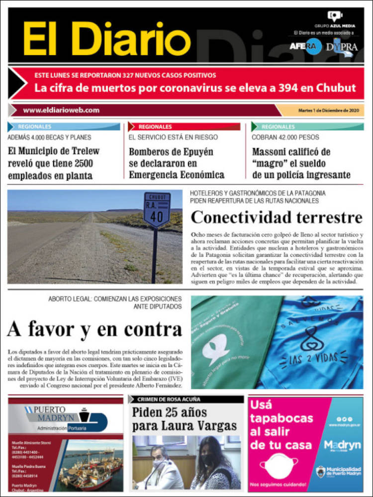 Portada de El Diario de Madryn (Argentina)