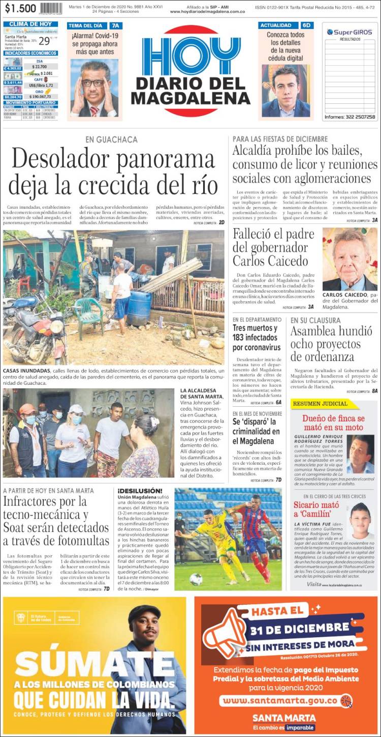 Periódico Hoy Diario del Magdalena (Colombia). Periódicos de Colombia.  Edición de martes, 1 de diciembre de 2020. 